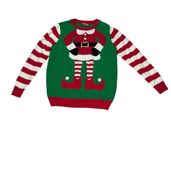 Elf Knit Christmas Sweater Womens Large Ribbed Crew Neck Striped Arms Top - Picture 2 of 11